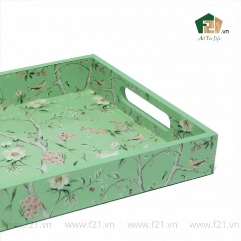 Khay chữ nhật sơn mài họa tiết có tay cầm