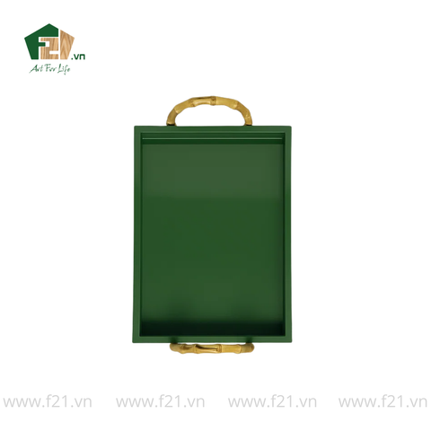 Khay chữ nhật sơn mài màu xanh có tay cầm tre