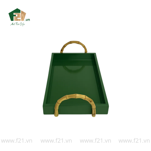 Khay chữ nhật sơn mài màu xanh có tay cầm tre