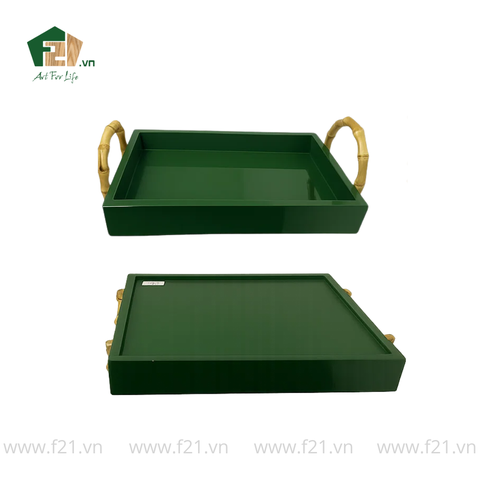 Khay chữ nhật sơn mài màu xanh có tay cầm tre