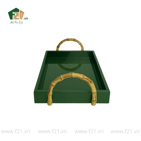 Khay chữ nhật sơn mài màu xanh có tay cầm tre