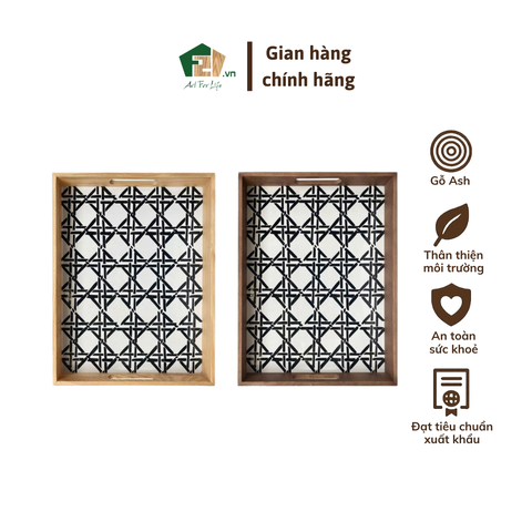 Khay gỗ chữ nhật họa tiết trắng đen