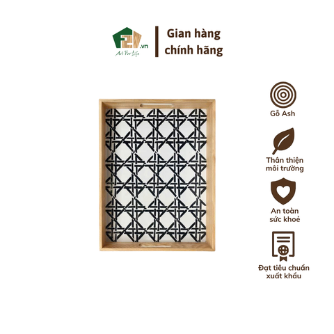 Khay gỗ chữ nhật họa tiết trắng đen