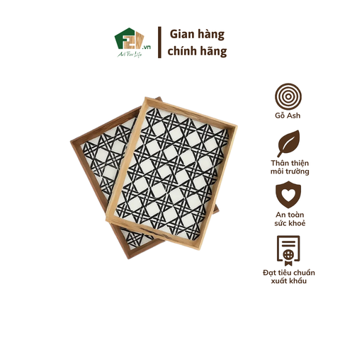 Khay gỗ chữ nhật họa tiết trắng đen