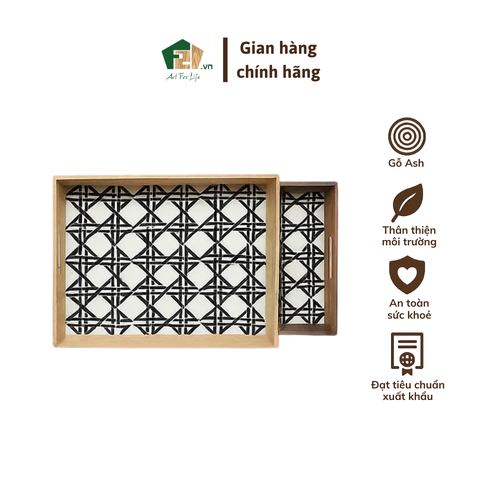 Khay gỗ chữ nhật họa tiết trắng đen