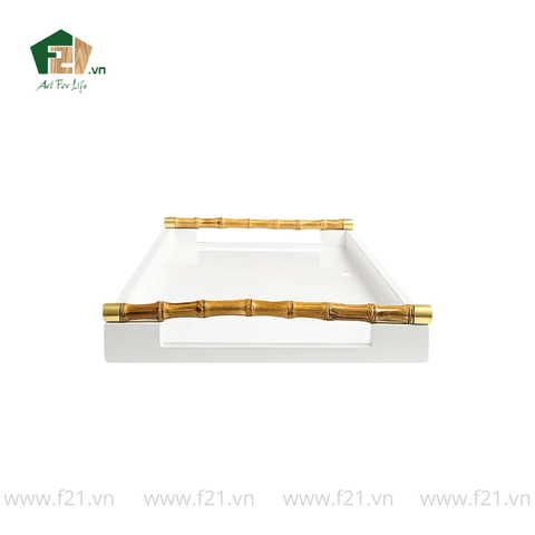 Khay chữ nhật sơn mài màu trắng có tay cầm tre