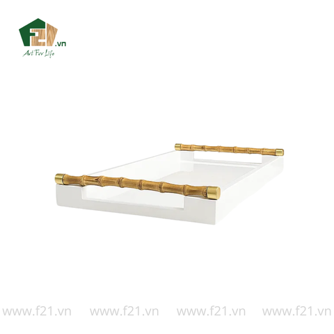 Khay chữ nhật sơn mài màu trắng có tay cầm tre