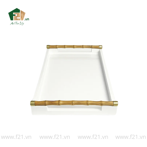 Khay chữ nhật sơn mài màu trắng có tay cầm tre
