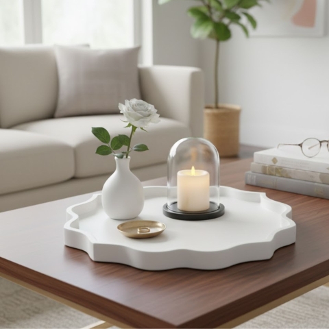 Khay hoa cánh nhọn sơn mài trắng viền cách điệu - D40 H2.5 cm