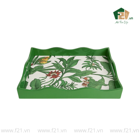 Khay chữ nhật sơn mài lượn sóng họa tiết hoa hồng và hoa lan