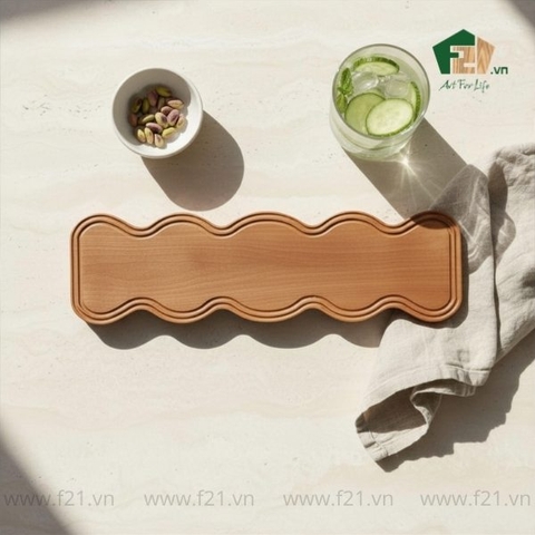 Thớt chữ nhật gỗ tự nhiên có tay cầm viền lượn sóng