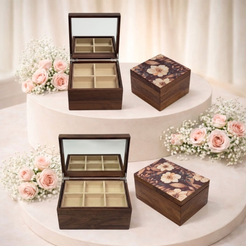 Hộp trang sức gỗ walnut họa tiết hoa mẫu đơn