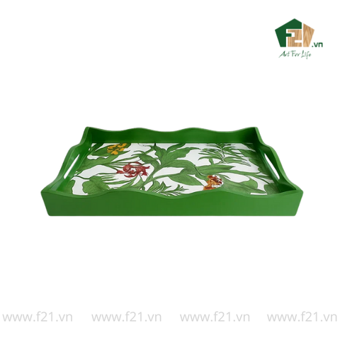 Khay chữ nhật sơn mài lượn sóng họa tiết hoa hồng và hoa lan