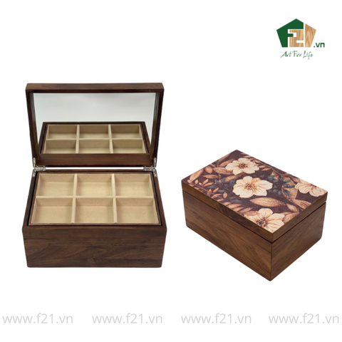 Hộp trang sức gỗ walnut họa tiết hoa mẫu đơn