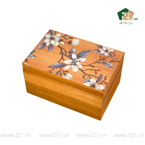Hộp trang sức chữ nhật gỗ sồi hoa mộc lan - 30x20 H16 cm