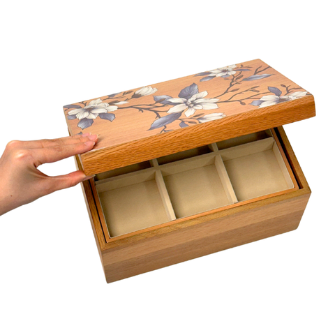 Hộp trang sức chữ nhật gỗ sồi hoa mộc lan - 30x20 H16 cm
