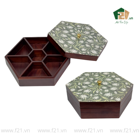 Hộp bánh mứt lục giác gỗ walnut lá thường xuân - 30x26 H10 cm
