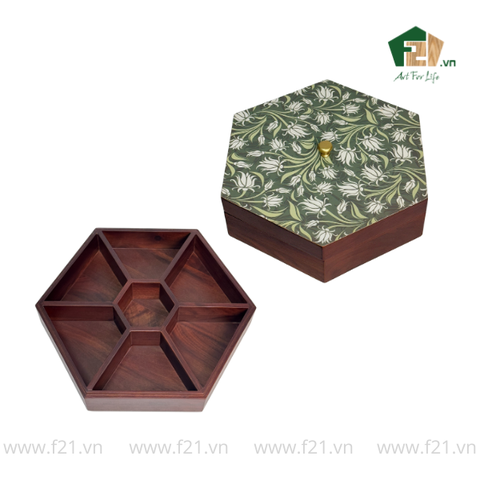 Hộp bánh mứt lục giác gỗ walnut lá thường xuân - 30x26 H10 cm