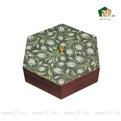 Hộp bánh mứt lục giác gỗ walnut lá thường xuân - 30x26 H10 cm