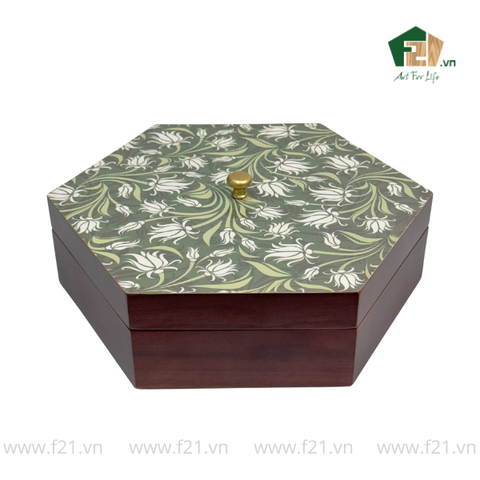 Hộp bánh mứt lục giác gỗ walnut lá thường xuân - 30x26 H10 cm