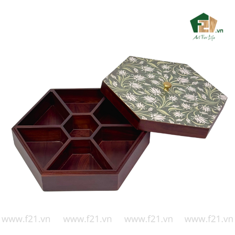 Hộp bánh mứt lục giác gỗ walnut lá thường xuân - 30x26 H10 cm