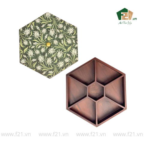 Hộp bánh mứt lục giác gỗ walnut lá thường xuân - 30x26 H10 cm