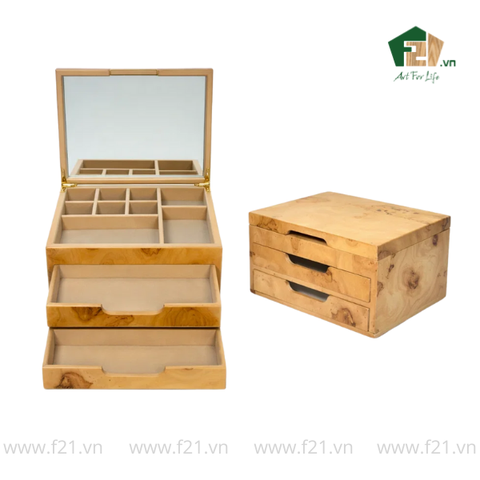 Hộp trang sức chữ nhật 3 tầng vân burl độc đáo - 25.3x20.3 H14 cm
