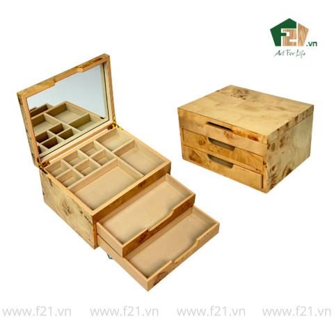 Hộp trang sức chữ nhật 3 tầng vân burl độc đáo - 25.3x20.3 H14 cm