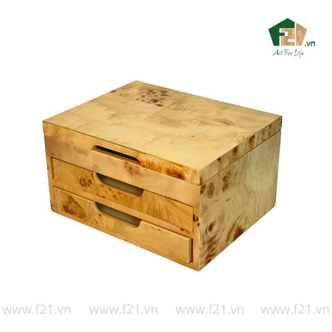 Hộp trang sức chữ nhật 3 tầng vân burl độc đáo - 25.3x20.3 H14 cm