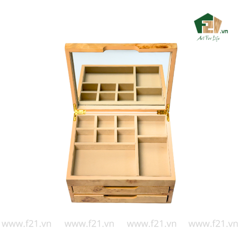 Hộp trang sức chữ nhật 3 tầng vân burl độc đáo - 25.3x20.3 H14 cm
