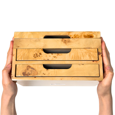 Hộp trang sức chữ nhật 3 tầng vân burl độc đáo - 25.3x20.3 H14 cm