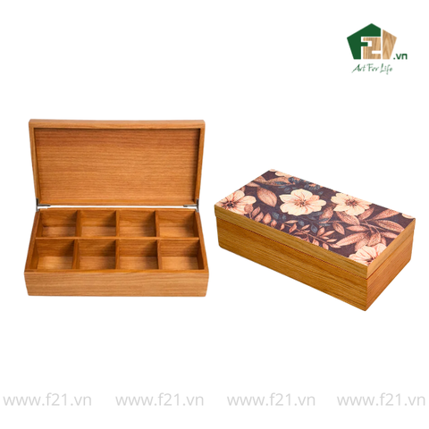 Hộp trà chữ nhật gỗ sồi họa tiết hoa mẫu đơn - 34x18 H10 cm