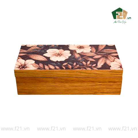 Hộp trà chữ nhật gỗ sồi họa tiết hoa mẫu đơn - 34x18 H10 cm