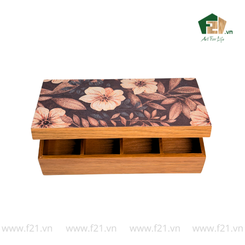 Hộp trà chữ nhật gỗ sồi họa tiết hoa mẫu đơn - 34x18 H10 cm
