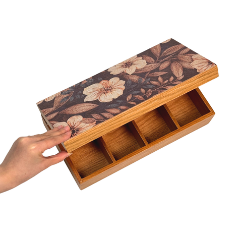 Hộp trà chữ nhật gỗ sồi họa tiết hoa mẫu đơn - 34x18 H10 cm