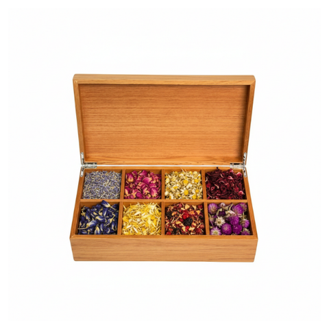 Hộp trà chữ nhật gỗ sồi họa tiết hoa mẫu đơn - 34x18 H10 cm