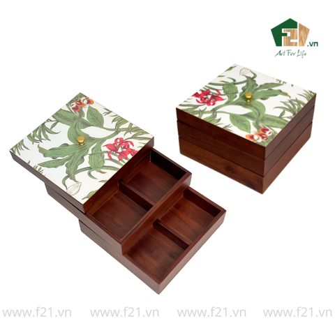 Hộp bánh mứt vuông 2 tầng gỗ walnut hoa phong lan - 24x24 H16 cm