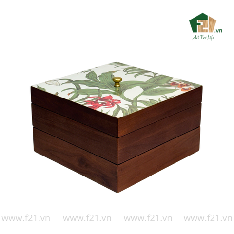 Hộp bánh mứt vuông 2 tầng gỗ walnut hoa phong lan - 24x24 H16 cm