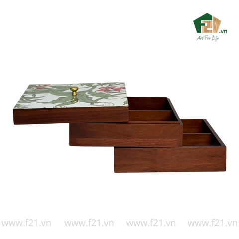 Hộp bánh mứt vuông 2 tầng gỗ walnut hoa phong lan - 24x24 H16 cm