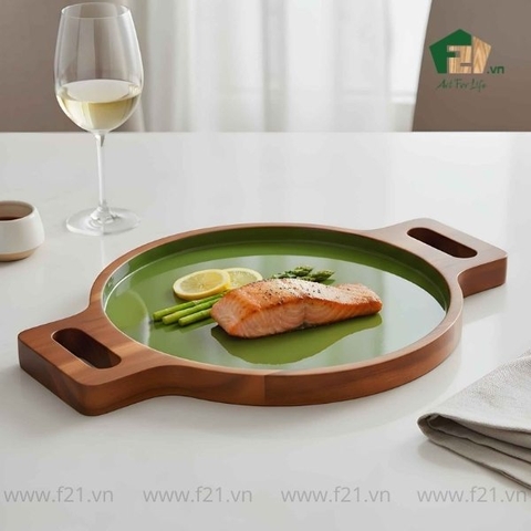 Đĩa tròn gỗ tự nhiên có tay cầm 2 bên