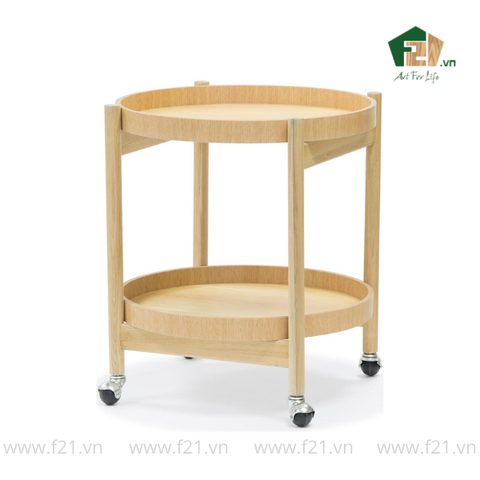 Xe đẩy rượu gỗ sồi 2 tầng kèm khay tròn tháo rời