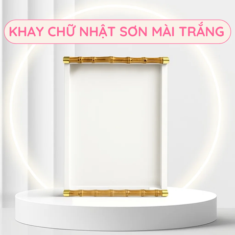 Khay chữ nhật sơn mài màu trắng có tay cầm tre