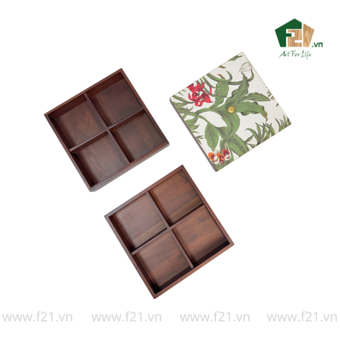 Hộp bánh mứt vuông 2 tầng gỗ walnut hoa phong lan - 24x24 H16 cm