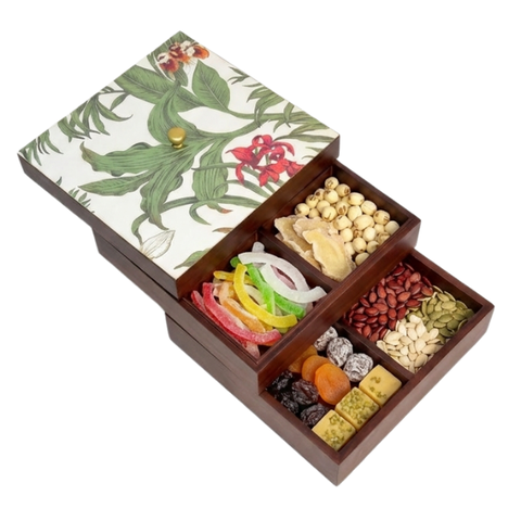 Hộp bánh mứt vuông 2 tầng gỗ walnut hoa phong lan - 24x24 H16 cm