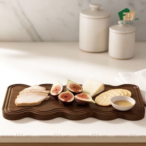 Thớt chữ nhật gỗ tự nhiên có tay cầm viền lượn sóng