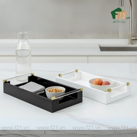 Khay chữ nhật sơn mài có tay cầm mica