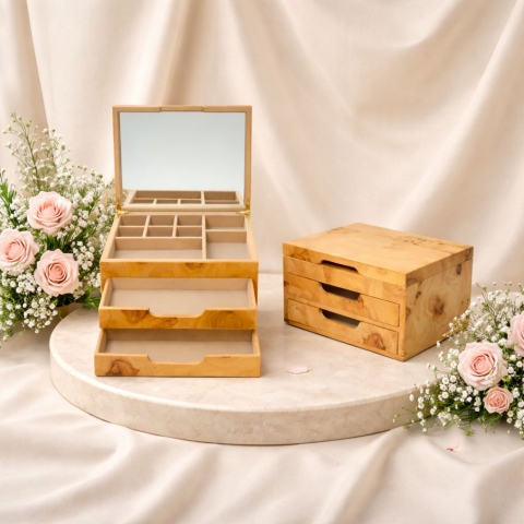 Hộp trang sức chữ nhật 3 tầng vân burl độc đáo - 25.3x20.3 H14 cm