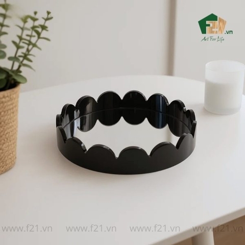 Khay tròn sơn mài mặt gương viền lượn sóng