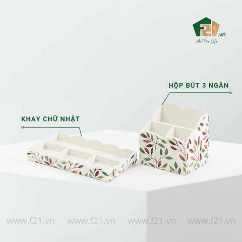 Bộ văn phòng phẩm gỗ sơn mài lá nguyệt quế cách điệu