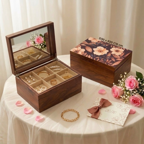 Hộp trang sức gỗ walnut họa tiết hoa mẫu đơn